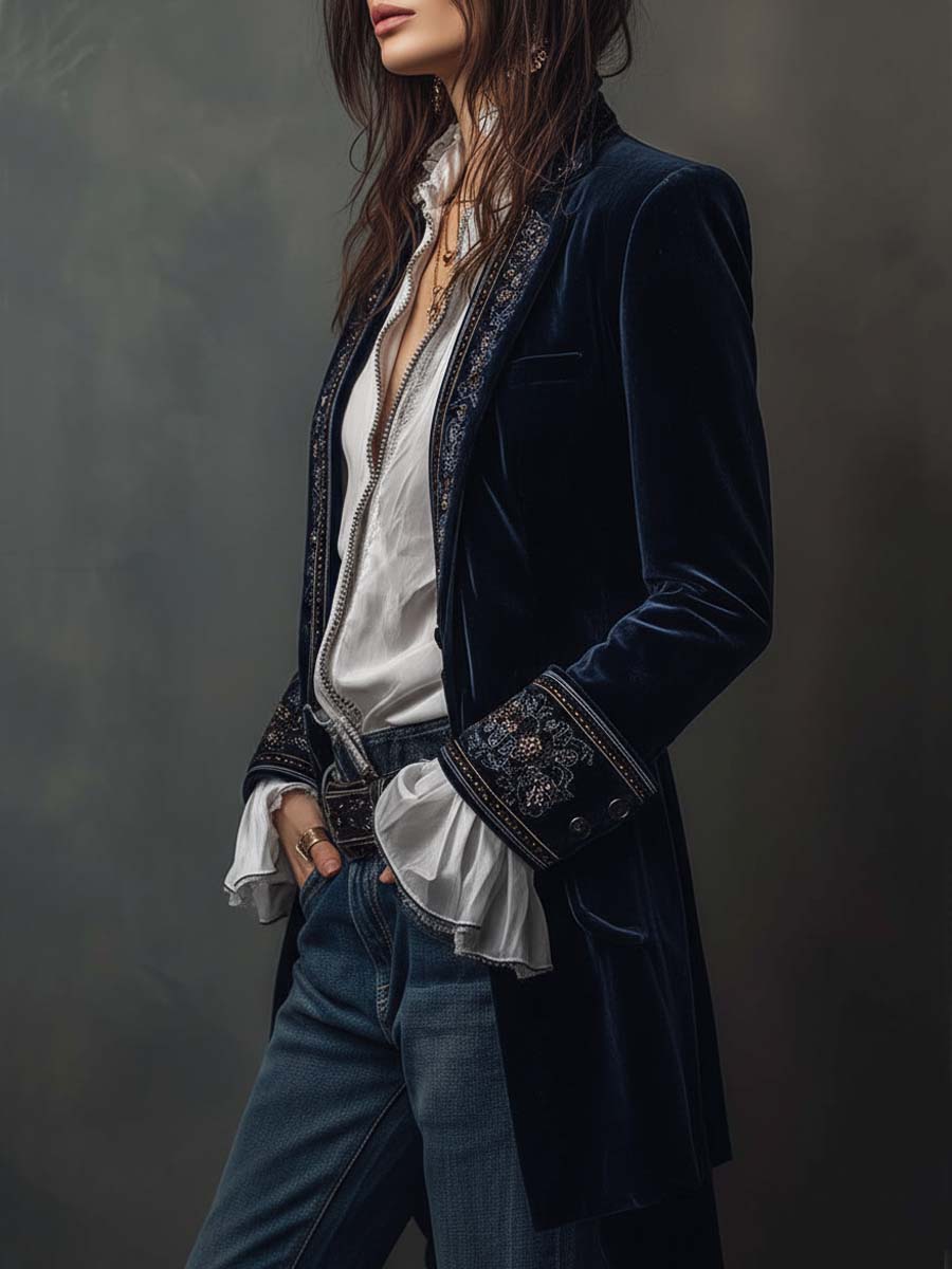 Aura | Blazer Largo con Bordados Vintage