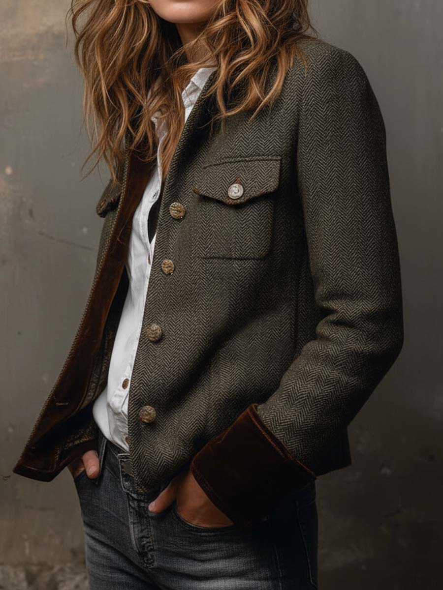Aura | Blazer Vintage de Espiga con Detalles en Contraste