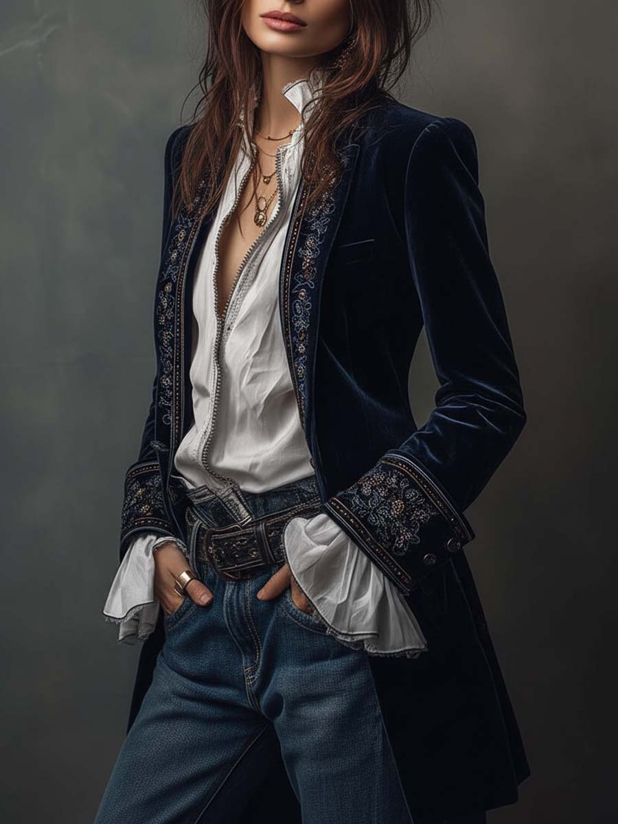 Aura | Blazer Largo con Bordados Vintage