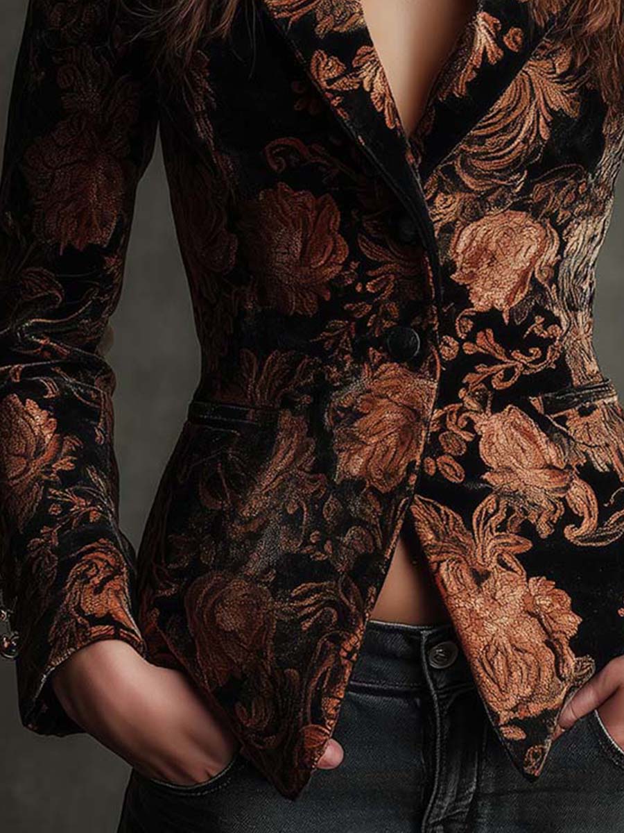 Aura | Blazer de Vestir con Estampado Floral Negro y Bronce