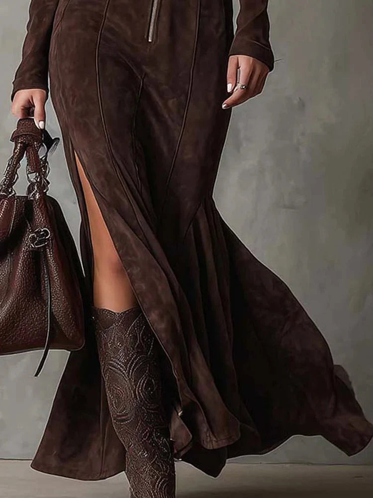 Aura | Vestido Largo Marrón con Cinturón