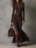 Aura | Vestido Largo Marrón con Cinturón