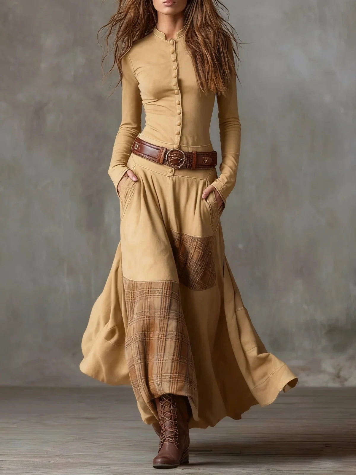 Aura | Vestido Largo con Cinturón y Textura Aterciopelada